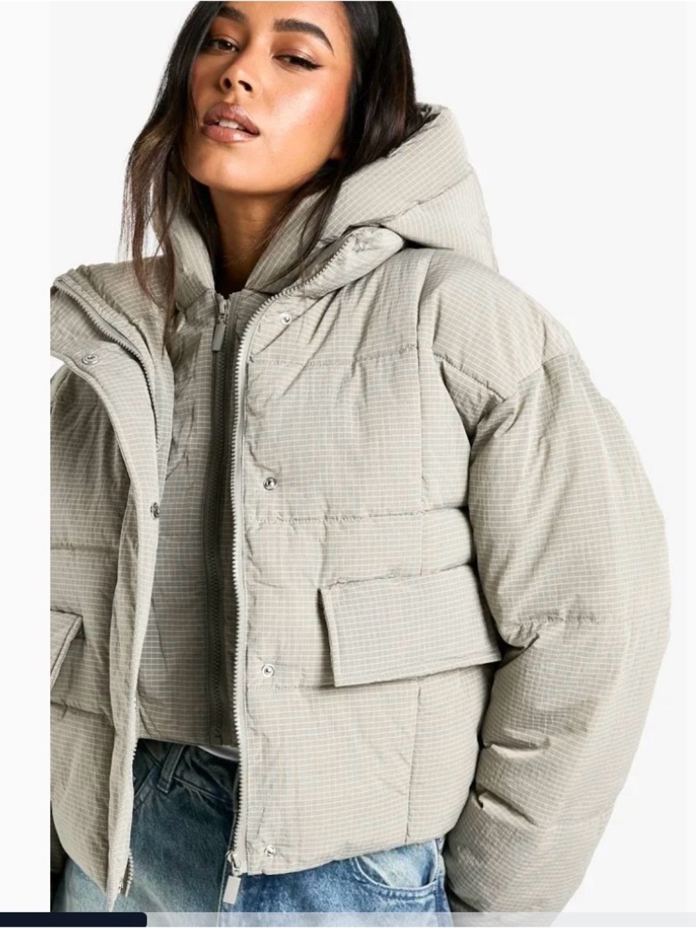 Hooded Textured Puffer Jacket in Light Sage - Winter Coat